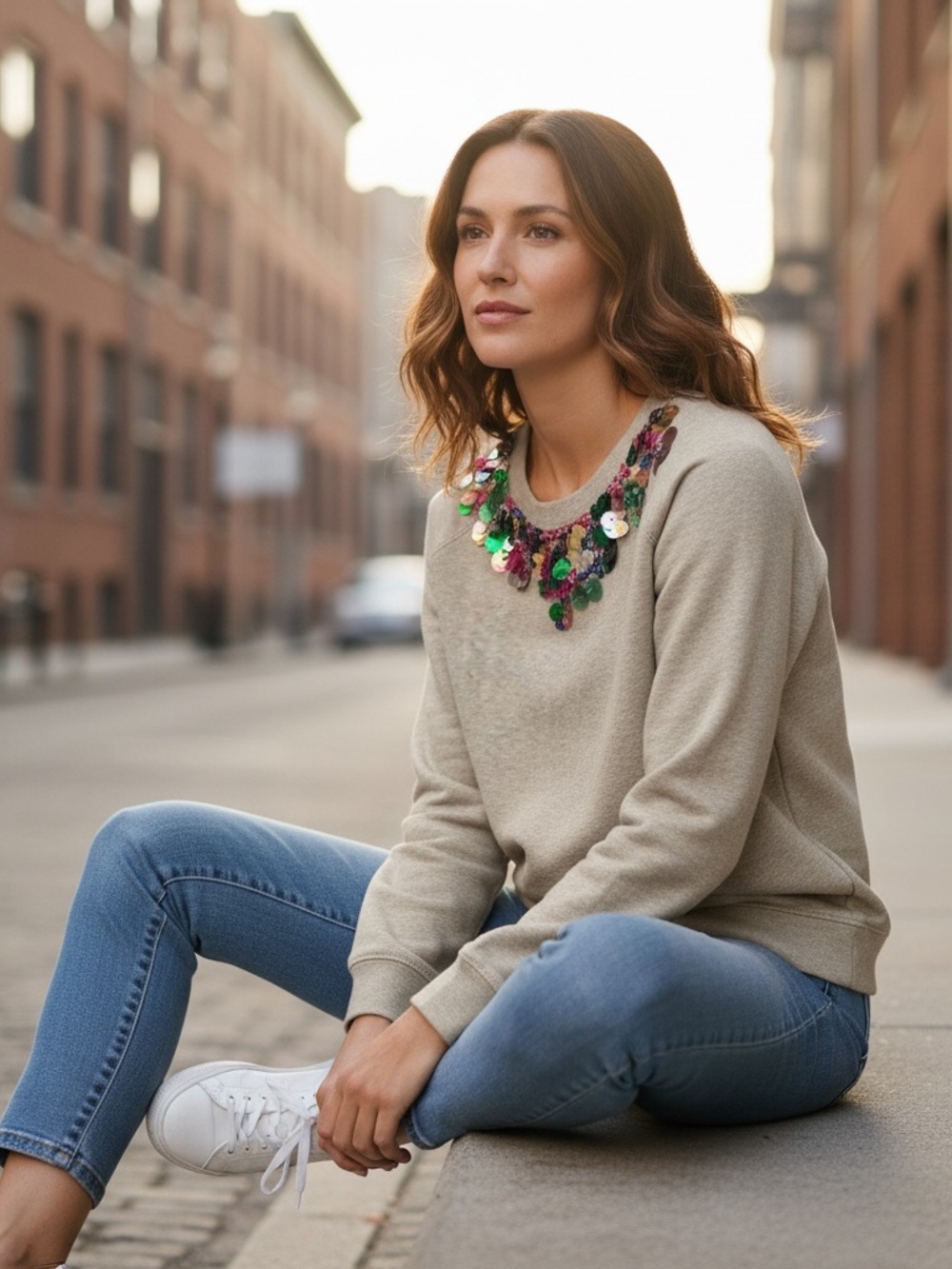 J. Crew Beige Crewneck Sweatshirt with Multicolor Sequin Neckline
